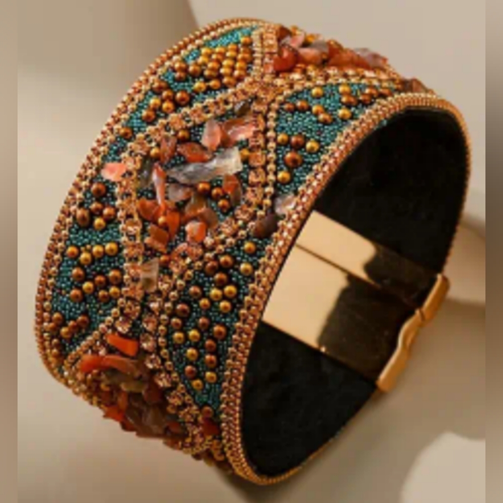 Handcrafted Western Elegant Boho Beaded‎ Chunky Magnetic Bracelet Gold Orange